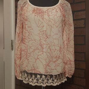 Floral Print Silk Long sleeves Women's Top - Cream and Red